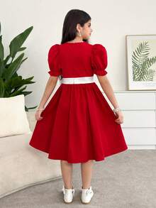 SHEIN Tween Girl Elegant Party Round Neck Red Puff Sleeve A-Line Waist Ruched Floral Dress - Red - View 2