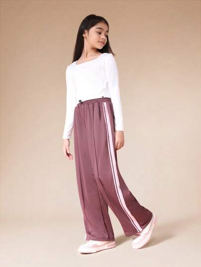  SUMWON Long Sleeve Crop Top Wide Leg Sweatpant Co-Ord Set With White Side Stripe Detail For Tween Girls Casual Vacation