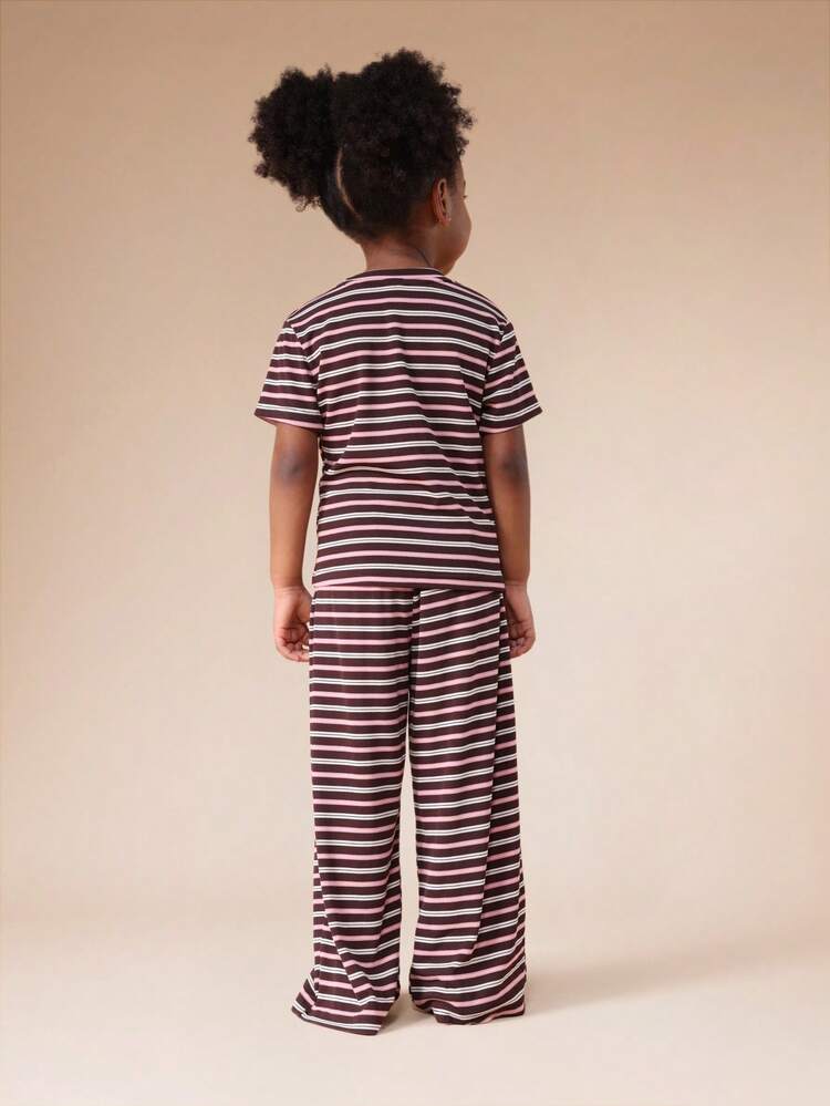 Ribbed Striped T-Shirt And Wide Leg Pants Set