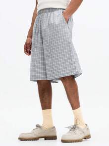 SUMWON Quần short Bermuda dáng rộng, kẻ caro, cạp chun và túi bên hông, thích hợp mặc thường ngày vào mùa hè. - Xám - Xem 3