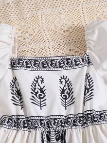 SHEIN Tween Girls Elegant Ruched Floral Print Puff Sleeve A-Line Dress,Black And White,Summer Party,Casual Vacation Family Gathering Daily Commute Dress - Apricot - View 7