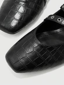 CUCCOO BIZCHIC Quadratische Zehenkappe Vintage Nieten Schnallen Mary Jane Schuhe, Damen Flache Ballett Schuhe mit niedrigem Rist und verstecktem Keilabsatz - Schwarz - Übersicht 7