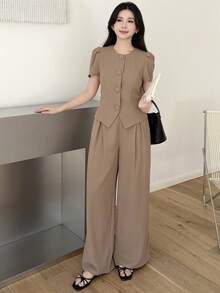 SHEIN Setelan 2 Potong Atasan Lengan Pendek dan Celana Panjang Lebar Warna Cokelat Kopi untuk Remaja Perempuan, Elegan & Serbaguna untuk Beraktivitas Sehari-hari, Musim Semi/Panas - Coffee Brown - View 2