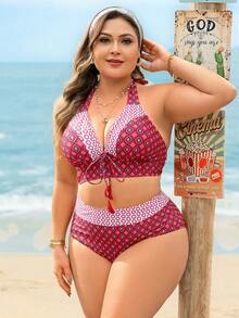 Swim Lushoire 大码女士性感比基尼套装，高腰蝴蝶结挂脖拼接数码印花泳衣，适合海滩派对和度假 - 彩色 - 查看 5