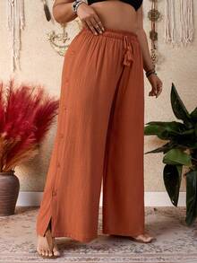 SHEIN Swim Plus Size Women's Vacation Fringe Drawstring Waist Loose Wide Leg Jumpsuit - Rust Brown - View 1