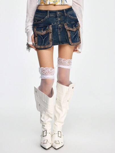 Grunge Punk Gonna di jeans mini in stile punk, vita bassa, effetto lavato, in patchwork di PU