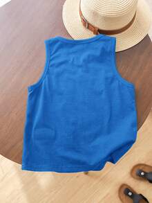 1件男童休闲宽松纯色英文图案无袖背心，适合日常穿着、上学、外出、运动、春夏穿着。