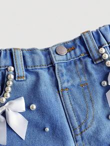 SHEIN Young Girl White Faux Pearl Decor Ribbon Bowknot Blue Denim Ripped Shorts, Spring And Summer Casual Vacation Country Boho Wear, Beach, Western Street Wear For Girl, Spring Break, Rave Festival Denim Shorts - Medium Wash - View 2