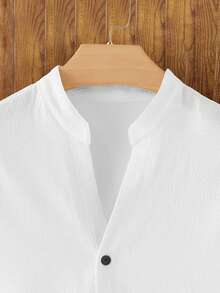 HIMLAND 男士休闲纯色短袖衬衫，夏季 - 白色 - 查看 3