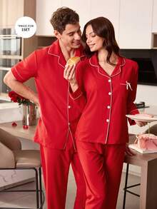 CoupledUp Contrast Trim Lapel Short Sleeve Pajama Set For Men - Red - View 1