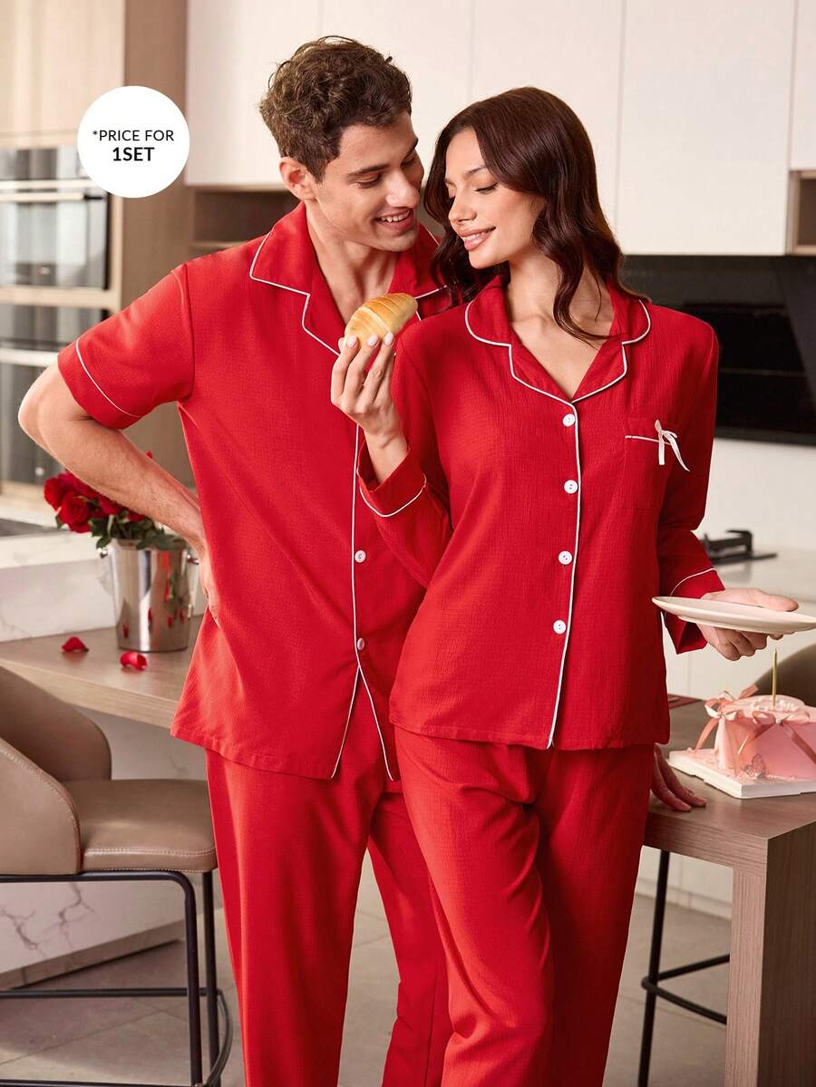 CoupledUp Contrast Trim Lapel Short Sleeve Pajama Set For Men - Red - View 1