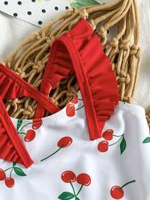 新生儿樱桃印花连体泳衣，荷叶边装饰，休闲款式，适合度假和玩耍