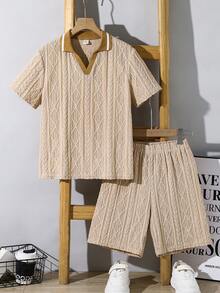 SHEIN Tween-Jungen 2 Stücke Poloshirt mit Kragen & Reißverschluss-Ausschnitt und Shorts Set, aus strukturiertem Stoff, bequemer Lässig-Urlaubsstil, geeignet für Outdoor-Aktivitäten, Straßenfotografie, Partys, Stadtbummel - Khaki - Übersicht 6