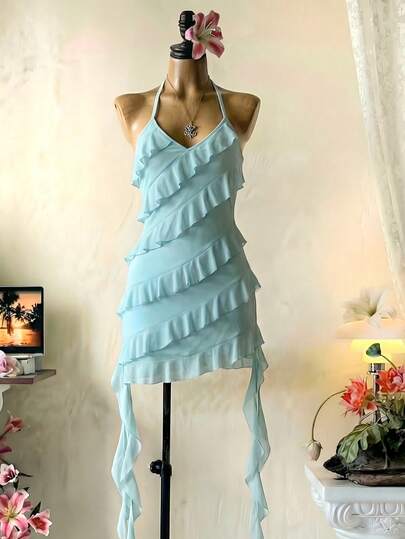 INAWLY Women's Solid Color Halter Backless Ruffle Hem Fashion Dress