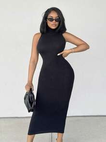 Alexandranx 极简主义通勤年轻街头装灰色高领高领无袖修身 H 型超长女士毛衣连衣裙 - 黑色 - 查看 5