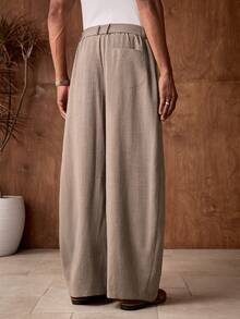 AKNOTIC 男士休闲宽松弹力腰直筒裤，卡其色纯色，适合夏季、度假、日常搭配、派对、情侣装、男士礼物。男士系带裤，男士阔腿褶裥裤，男士阔腿裤，褶裥裤，男士褶裥西装裤，男士褶裥裤，男士西装裤 - 卡其色 - 查看 8