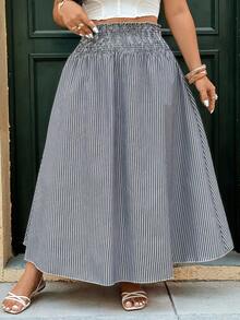 Ceyna 大码女式腰部抽绳条纹印花A字裙 女士休闲半身裙 女士夏季穿搭 女士春季穿搭 女士半身裙 - 藍白色 - 查看 4