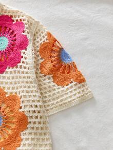 AXEPEAK 男士性感花卉钩编半透明短袖针织上衣，夏季度假风 - 彩色 - 查看 4