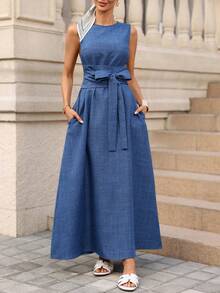 Editum Women's Sleeveless Round Neck Waist Cinched Textured Denim Blue Belted A-Line Elegant Everyday Casual Dress, Spring/Summer Spring Dress Women Features A Belted Waist, Pockets, Solid Blue Textured Fabric, And Is A Long Spring/Summer Dress. - Blue - View 13