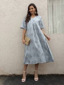 Vivie Lora Vestido casual de media longitud con estampado de rayas verticales azules de corte holgado y cuello en V para mujer, primavera - Azul - Ver 2