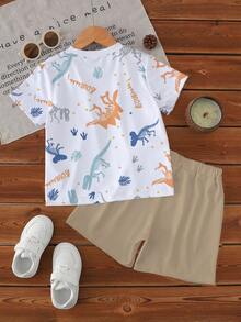 1 Conjunto Casual de Camiseta de Manga Curta com Gola Redonda e Shorts para Meninos Bebê, Estampa de Dinossauro, Conjunto de Dinossauro Adequado para Uso Externo no Verão - Multicolorido - Visão 2