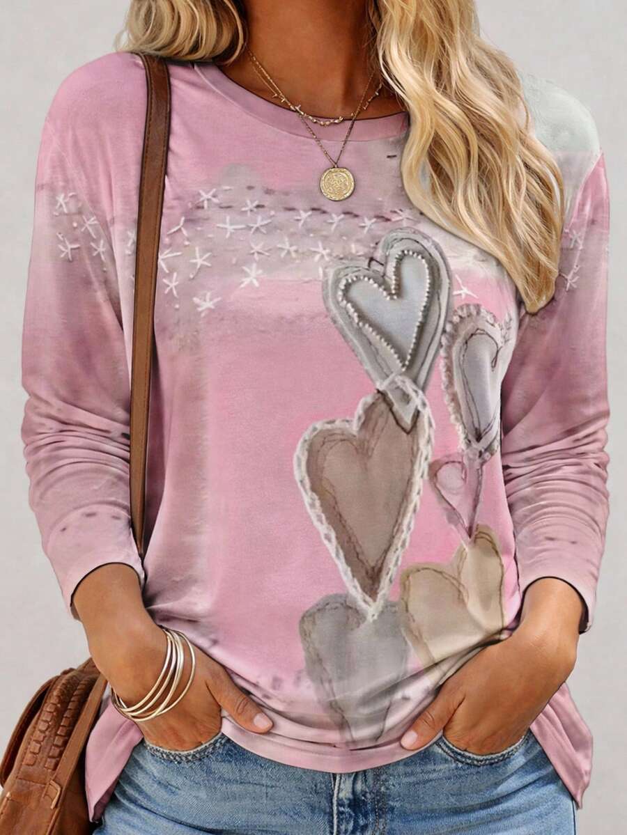 EMERY ROSE Kaos Lengan Panjang Leher Bulat Vintage Warna Pink dengan Motif Hati, Cocok untuk Musim Semi dan Musim Gugur - Berwarna merah muda - View 1
