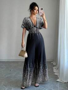 SHEIN Tall CURVE Plus Size Fashionable Commuter Contrast Color Print Jumpsuit - Silver - View 4