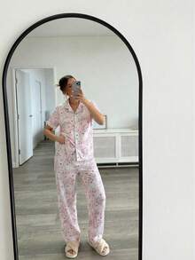 Aloruh 花卉印花衬衫和裤子家居服套装，日常休闲款 - 杏色 - 查看 5