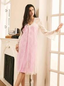 Moireta French Elegant Mature Women Pajama Set Spaghetti Strap Lace Nightgown - Multicolor - View 5