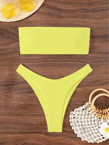 Swim Chiccia Bộ bikini gợi cảm không dây màu trơn dành cho nữ, thích hợp cho mùa hè đi biển. - Màu vàng - Xem 6