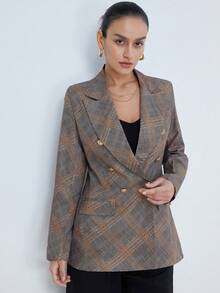 Aveloria Modichic Nouvelle veste blazer élégante et chic à carreaux gris-jaune, ambiance rétro décontractée, convient pour le trajet, les rendez-vous, les sorties du week-end - Multicolore - Voir 3