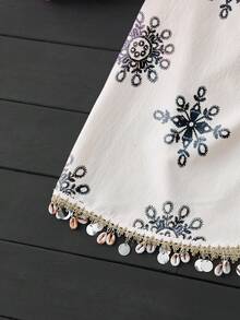 Breezaya Jupe mini asymétrique imprimée avec coquillages, pompons et patchwork, style décontracté pour plage et vacances d'été, pour femmes - Nude - Voir 6