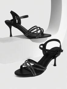CUCCOO SZL Women's Fashion High Heel Sandals, Fashionable Rhinestone Embellished High Heel Sandals - Black - View 4