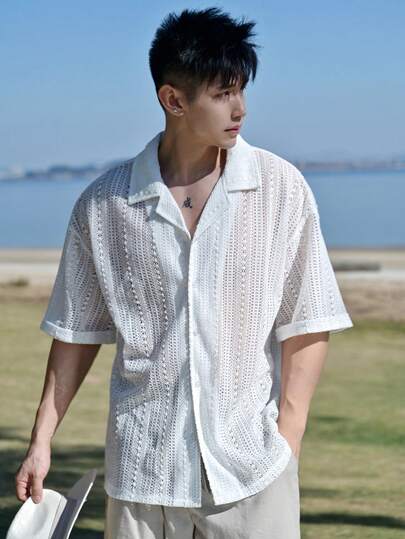 DAZY 男士白色短袖休闲单排扣衬衫，夏季