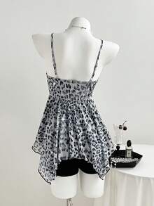 Elamini Yk2 Leopard Print Lace Trim Asymmetric Hem Women Tank Top - Grey - View 2