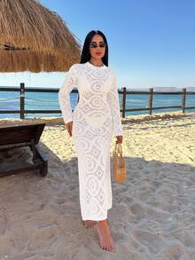 Women's Summer Beach Lace Cut Out Cover-Up Dress - Apricot - View 4