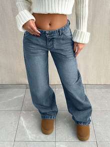 SHEIN Petite CASUAL LOW WAIST BAGGY LOOSE STRAIGHT LEG JEAN - Dusty Blue - View 5