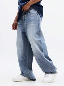 SUMWON Jeans de pierna ancha con detalles de pedrería y efecto desgastado para un estilo casual de streetwear - Azul lavado medio - Ver 3