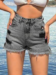 EURMUSE 100%Cotton Back Label Detailed Short With Destroy - Grey - View 3