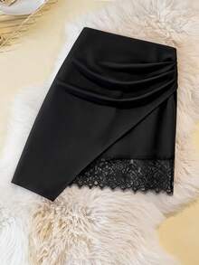 Rometta Plus Size Women Suit Material Ruched Asymmetrical Hem Lace Patchwork Elegant Skirt, Suitable For Commuting And Outings  Day - Black - View 3