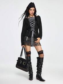 ROMWE Grunge Punk 暗黑朋克印花露肩长袖T恤，配系带，百搭叠穿上衣 - 黑色 - 查看 9