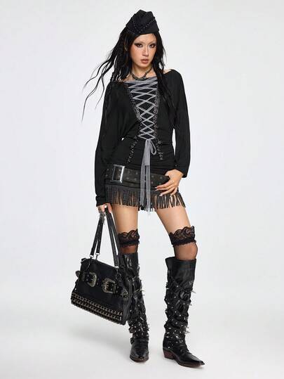 Grunge Punk Maglietta a maniche lunghe con stampa punk scura, scollo a spalle scoperte e laccio, top versatile per stratificazioni