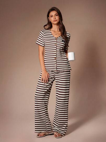 Lazeform 2pcs Women Knitted Jacquard Striped V-Neck Short Sleeve Top And Pants Loungewear Set, Suitable For Outerwear