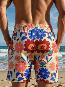 Manfinity Swimmode Herrshorts med blommönster och dragsko i midjan, sommar, avslappnade strandshorts - Blå - Visa 2