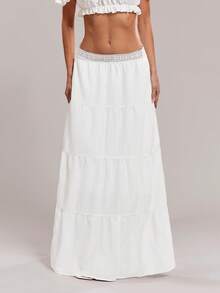 SHEIN ICON Women's Vacation Waist Contrast Lace Ruffled Hem Fashionable A-Line Skirt - White - View 1