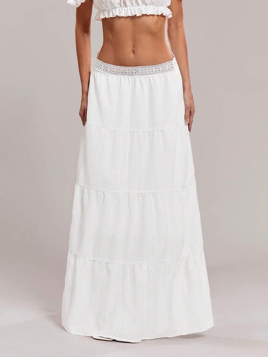 SHEIN ICON Women's Vacation Waist Contrast Lace Ruffled Hem Fashionable A-Line Skirt - White - View 1