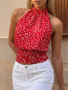 Opulessa 春夏情人节生日海滩度假优雅外出红色女士印花露背吊带性感上衣，春夏皆宜，情人节、狂欢节服装，优雅派对上衣，海滩、婚礼宾客上衣，夏季度假，休闲上衣 - 紅色 - 查看 7