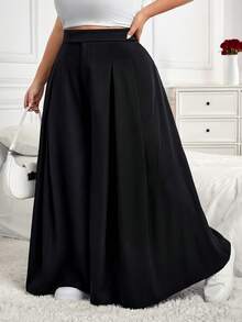 SHEIN CURVE+ CURVE PLUS /情人节/大码女式褶皱宽松裤，春夏款 - 黑色 - 查看 6