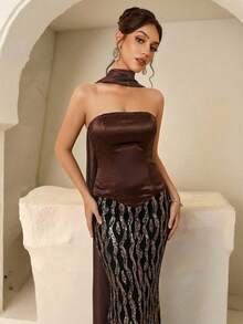 Coutiva Đầm dạ hội trang trọng đính sequin dành cho nữ - màu nâu - Xem 3