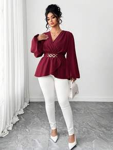 Elenzga Plus Size Women's Burgundy Elegant Autumn Blouse,Metal Decor Waist Cinched A-Line Flowy Top,V-Neck Lantern Long Sleeve Shirt For Dinner & Holidays - Burgundy - View 5